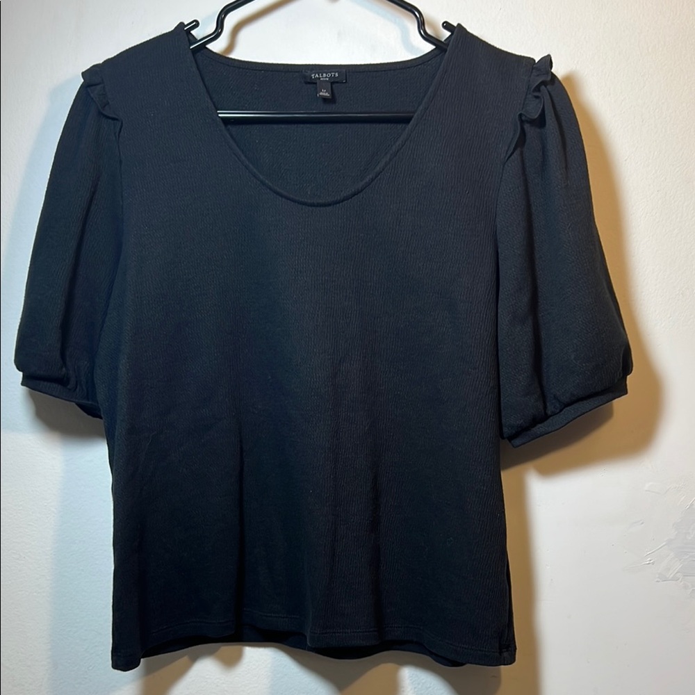 Sleeve Top Talbots Shirt Womens LP Petite Black Puff Short Sleeve Cotton Blend